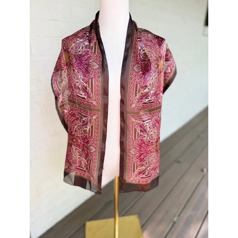 VTG Scarf Brown Magenta Paisley Print Boho Chic Neck Wrap Rectangular Fall